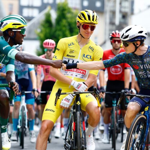 VILLENEUVE-SUR-LOT, FRANCE - JULY 11 : Girmay Biniam (ERI) of Intermarche - Wanty, Pogacar Tadej (SVN) of UAE Team Emirates and Vingegaard Hansen Jonas (DEN) of Team Visma Lease a Bike during stage 12 of the 111th edition of the Tour de France 2024 cycling race, a stage of 204 kms with start in Aurillac and finish in Villeneuve-sur-Lot on July 11, 2024 in Villeneuve-sur-Lot, France, 11/07/2024 ( Photo by Jan De Meuleneir / Photo News